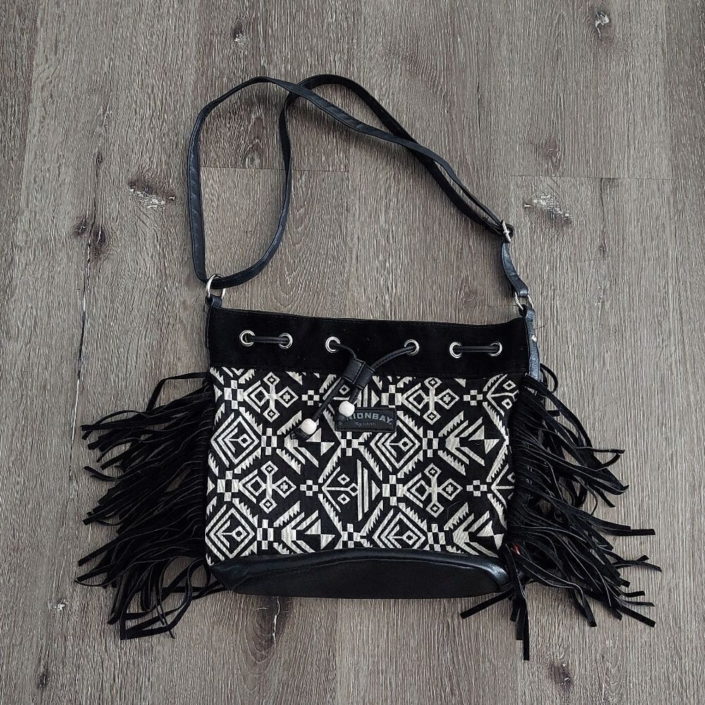 Union Bay Fringe Crossbody Bag Black & White Aztec Boho Fabric & Faux Leather